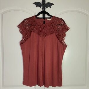 Vintage Inspired Rustic Orange Blouse Lace Accents Stretch, High lace collar 2X